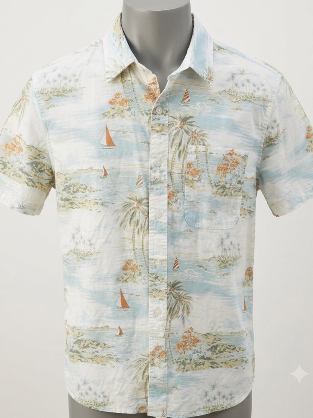 American Eagle Shirt Mens Large White Sailboat Palm Tree Tropical Hawaiian Print